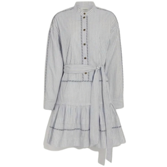 NWT Coach 1941 prairie Boho blue white striped shirt Dress ruffle SZ 8 - Picture 2 of 8